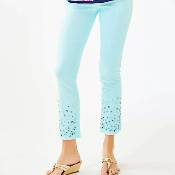 Lilly Pulitzer Pants - NEW Lilly Pulitzer Embellished South Ocean Crop Flare Jeans Whisper Blue 4 NWT